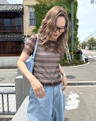 Checkered sheer short-sleeved T-shirt