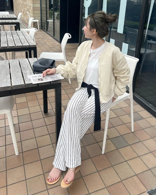 Striped string point wide-leg pants with elastic waistband