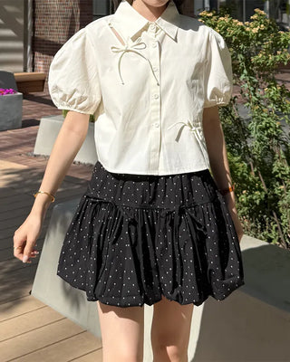 Drawstring Ribbon Asymmetrical Short-Sleeve Shirt