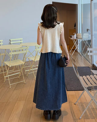 Elastic waist pocket midi denim skirt