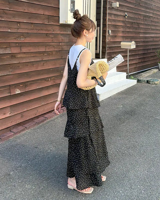 Wrinkle Dot Frill Long Dress
