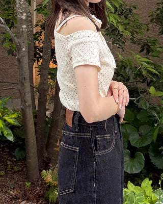 Dot Asymmetric Off-Shoulder Short-Sleeve T-Shirt