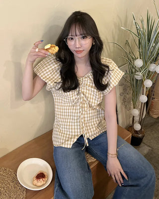 Checked Shirred V-Neck Blouse