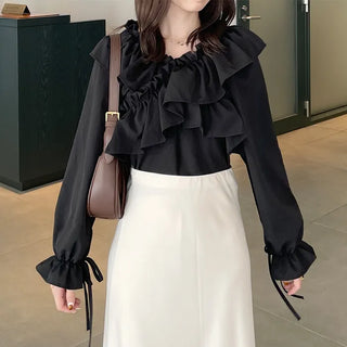V-neck frill ribbon blouse