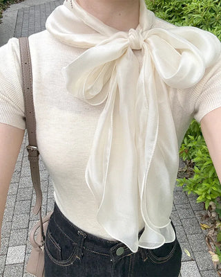 Satin ribbon short-sleeved blouse
