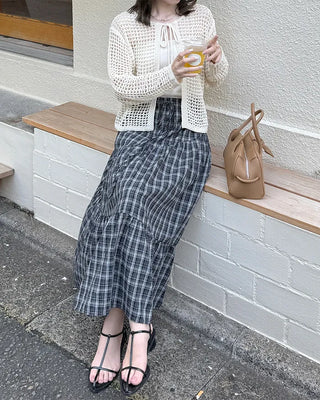 Checked banded long skirt