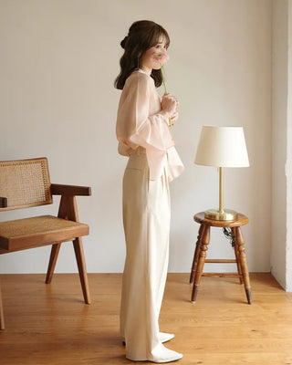 (ORIGINAL) Round Collar Button Sheer Blouse