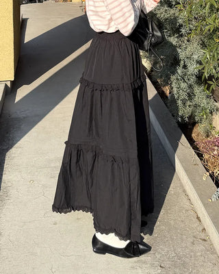 Lace tiered flared long skirt