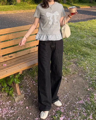 Checked ribbon frill short-sleeved T-shirt