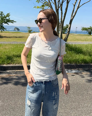 Flower Sheer Scallop Short Sleeve T-Shirt