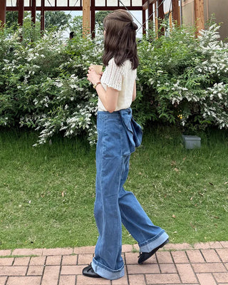 Back ribbon frill denim pants