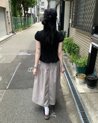 Two-tone polka dot frill puff sleeve T-shirt