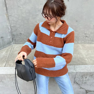 Striped button collar knit