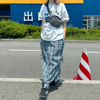 Checked ribbon strap long skirt