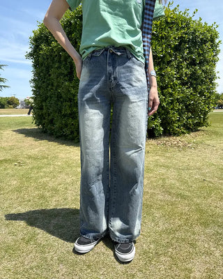 (Unisex) Fold Detail Washed Denim Pants