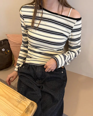 Half-off-shoulder striped T-shirt