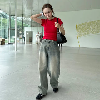 Gray wash denim wide pants