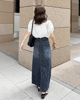 Washed denim long skirt