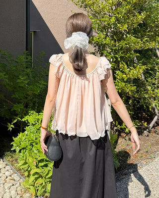Frilled ribbon chiffon off-shoulder blouse