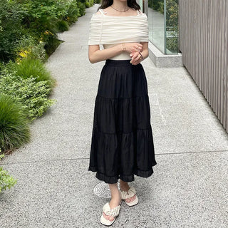 Ribbon open shoulder T-shirt