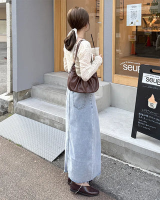 Front slit slim fit denim long skirt