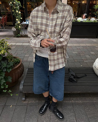 Oversized seersucker check long-sleeved shirt