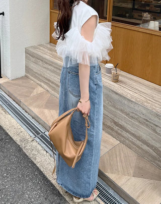H-line elastic waist long denim skirt