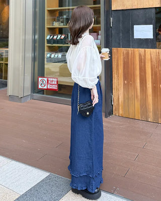 Frilled denim cotton wide-leg pants with elastic waistband
