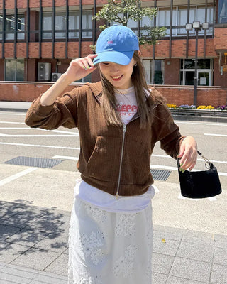 Rib-knit semi-cropped double-zip hoodie