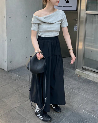 Off-shoulder front twist t-shirt