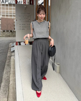 High-waisted, two-pleat, button-down wide-leg trousers
