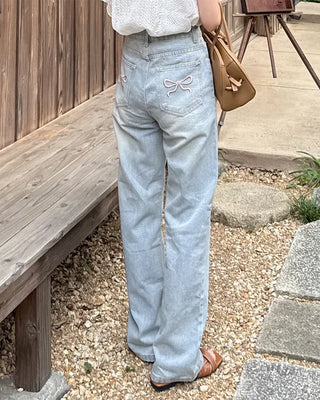 Pocket ribbon detail denim pants
