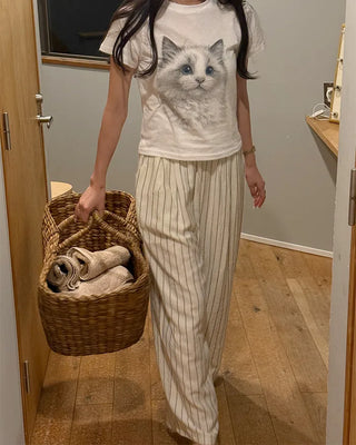 Cat print short-sleeved T-shirt