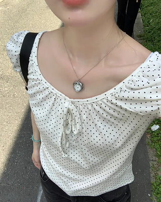 Polka Dot Ribbon Cap Sleeve T-Shirt
