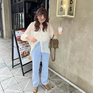 Drop-shoulder sheer shirt