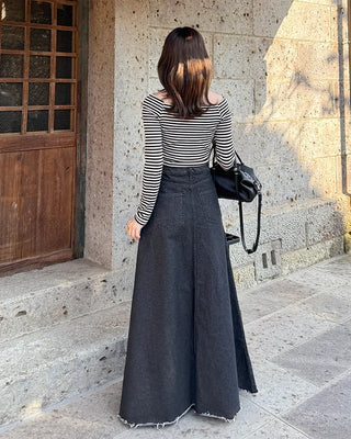Flared long denim skirt