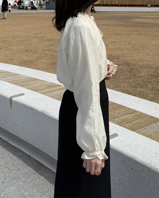 Frill neck ribbon strap blouse
