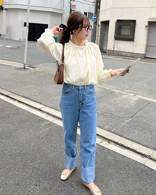 Frill neck ribbon strap blouse