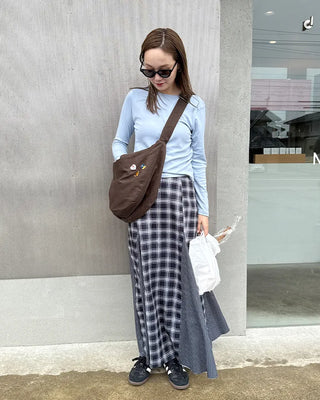 Slit check long skirt