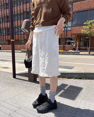 Flower punching frill midi skirt