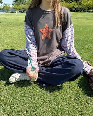 Vintage star print sleeve striped T-shirt