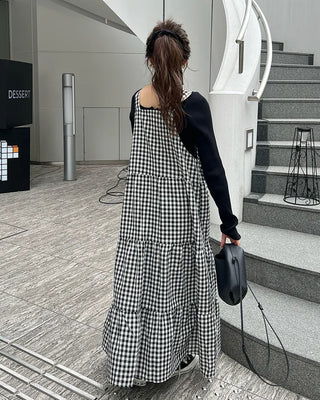 Checked belt long dress
