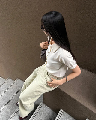 Pearl Button Short-Sleeve Colored Knit