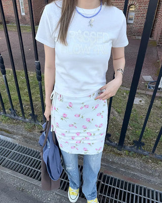 Flower print lettering short-sleeve T-shirt