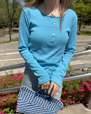 Henley neck long-sleeve T-shirt