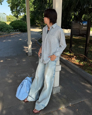 Seersucker check long-sleeved shirt