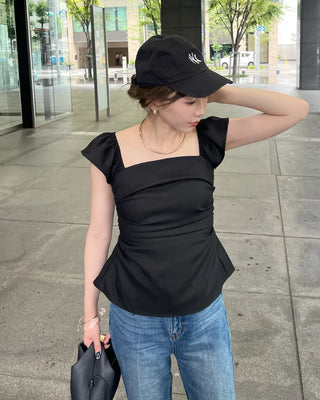 Frilled square neck shirred blouse