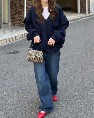 Brushed fleece deep V-neck sweatshirt
