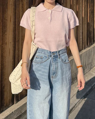 Color Button Point Short-Sleeve Knit