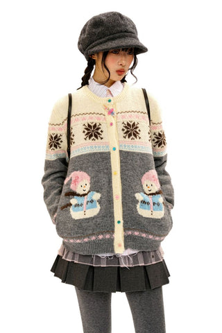 [Moromoro2] Snowman Fair Isle Knit Cardigan